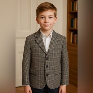 Harrods Boy’s Wool Blazer Micro-houndstooth Check brown navy Preppy Classic 10